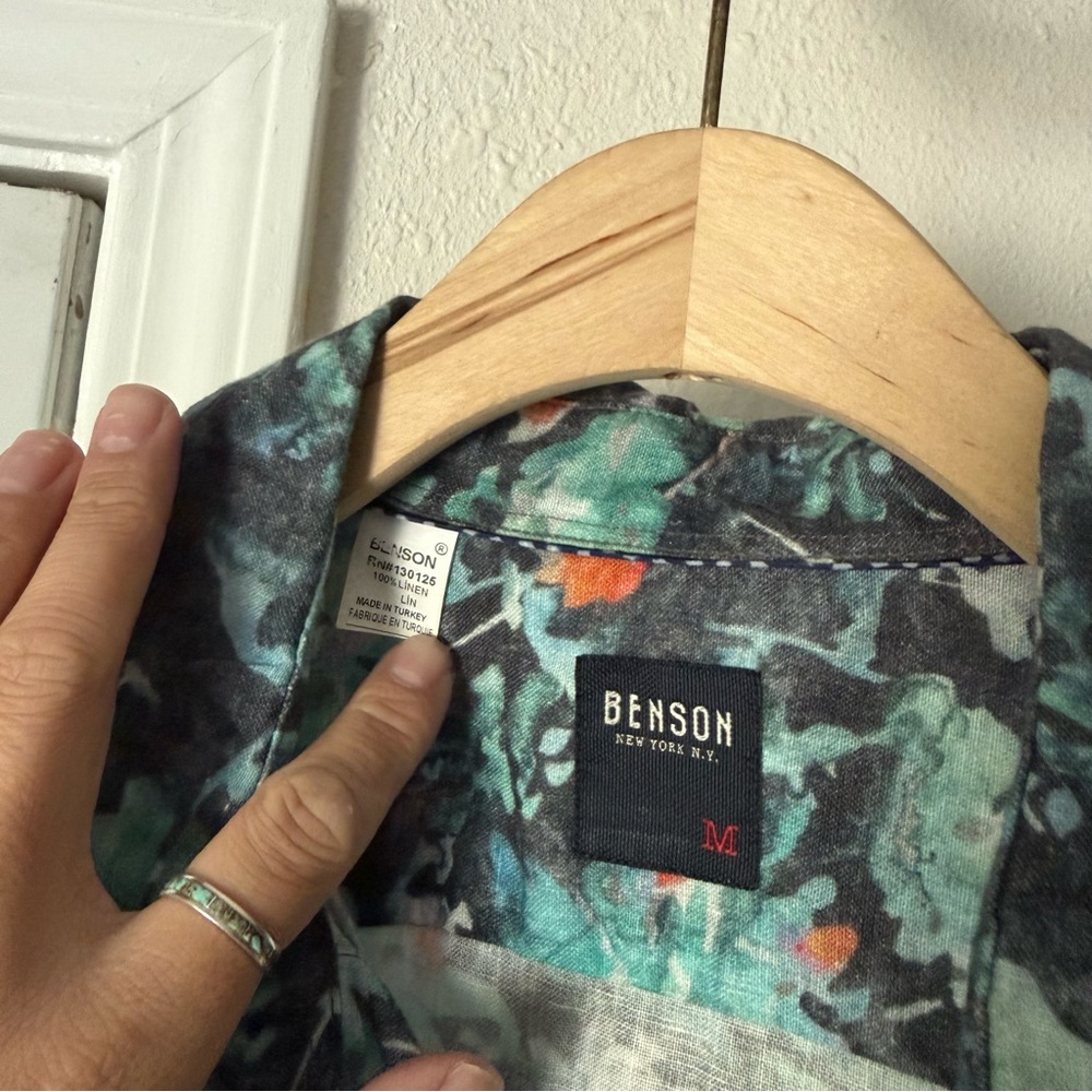 BENSON NEW YORK blue black watercolor floral linen short sleeve button up shirt - Picture 5 of 5
